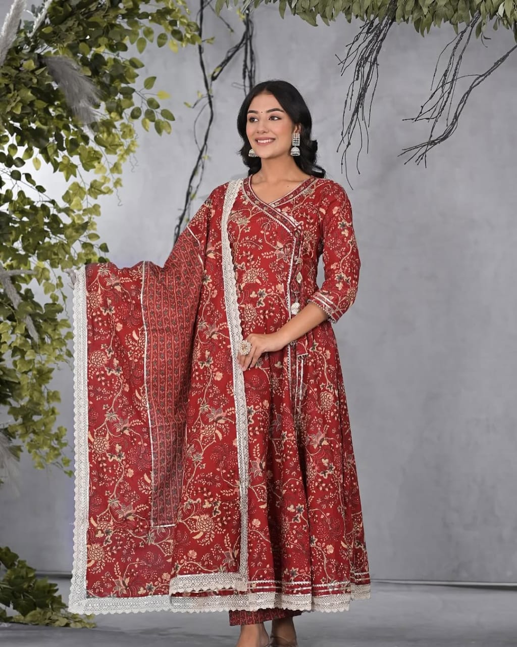 Embrace grace with our Maroon Cotton Anarkali Kurti Suit Set