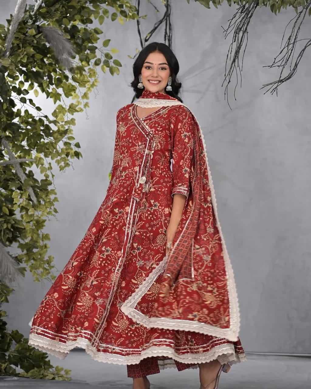Embrace grace with our Maroon Cotton Anarkali Kurti Suit Set