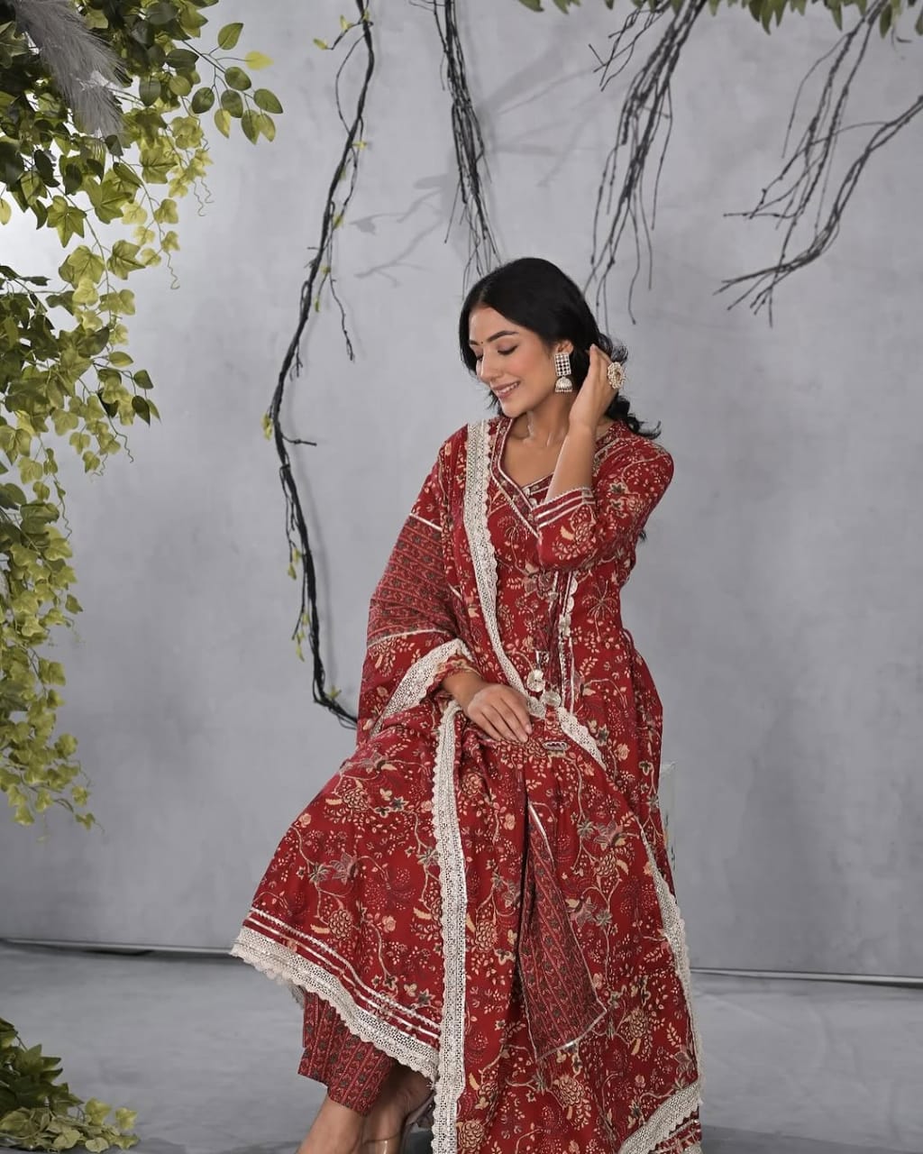 Embrace grace with our Maroon Cotton Anarkali Kurti Suit Set