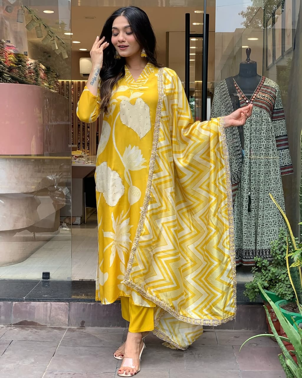 Silk fabric v Neck Kurti Suit Set