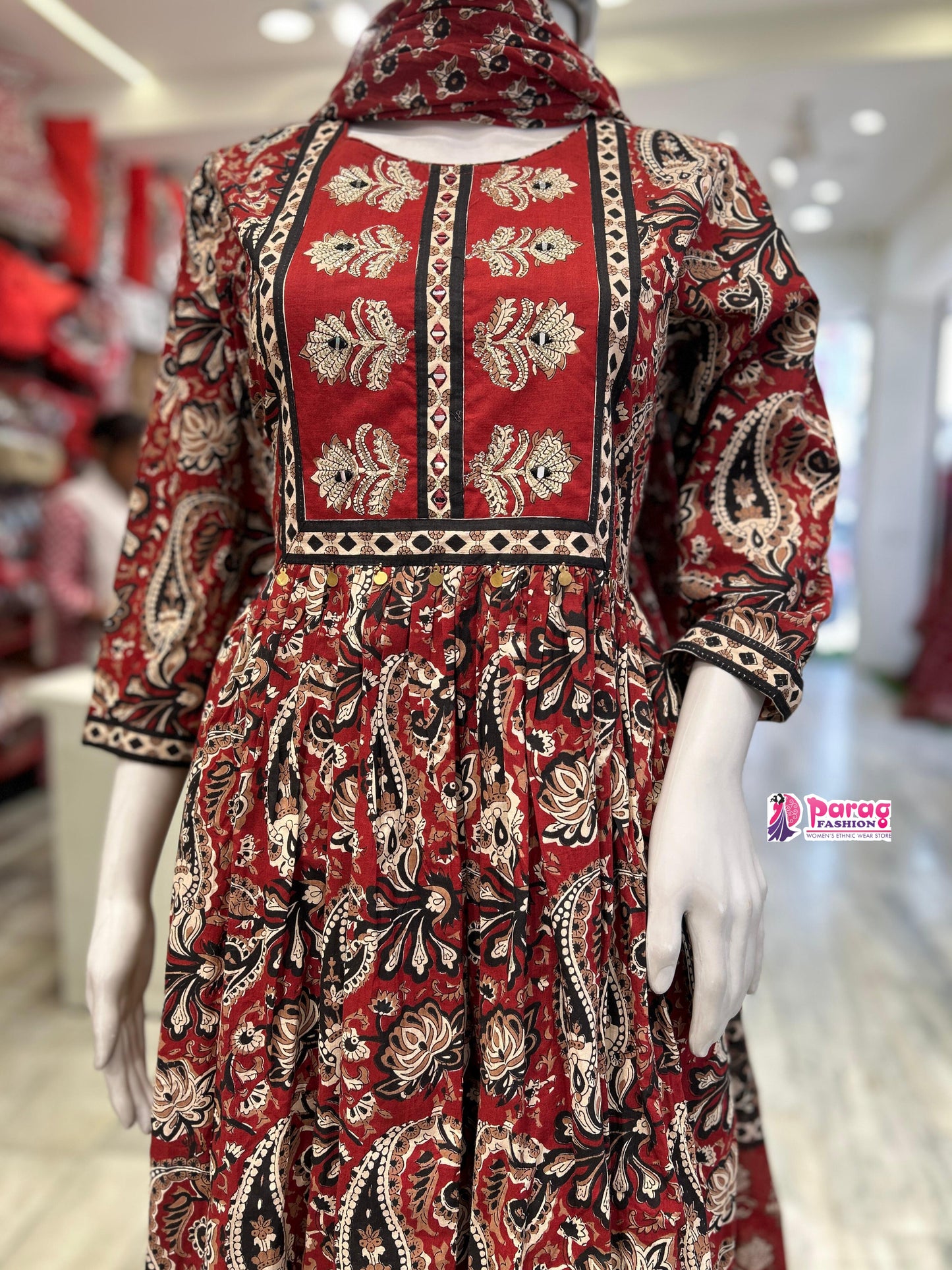 maroon cotton Anarkali suit set