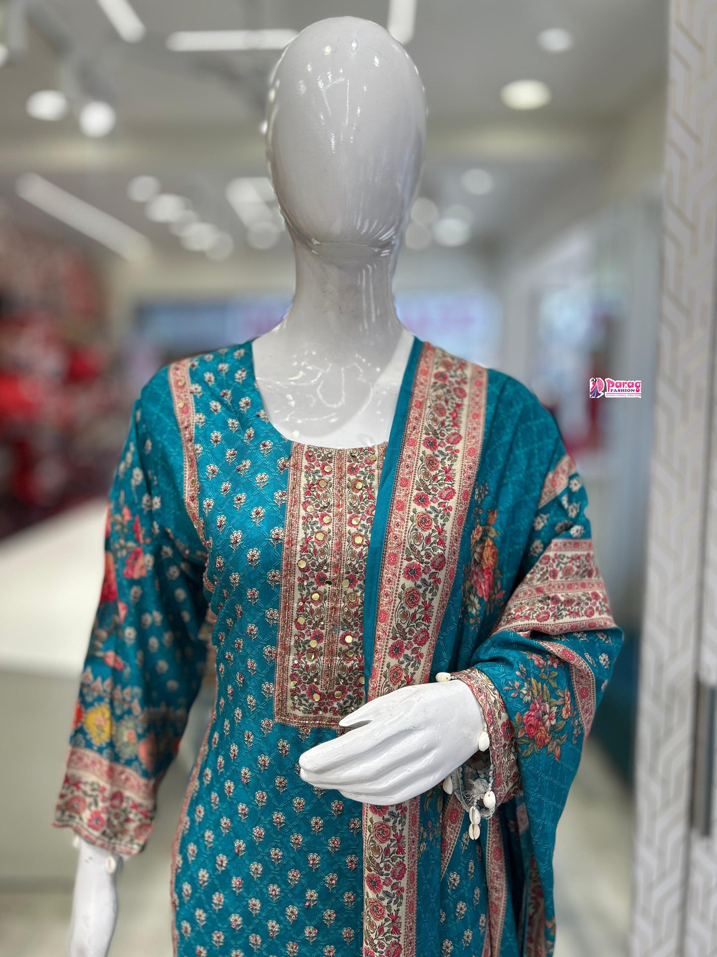 This firozi Crape Silk Kurti Set