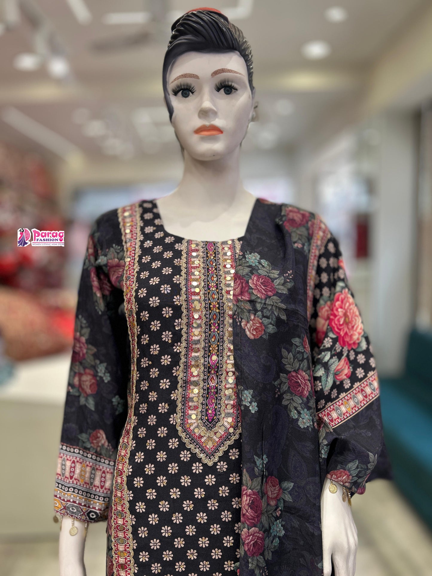 Black Muslin Kurti Suit Set