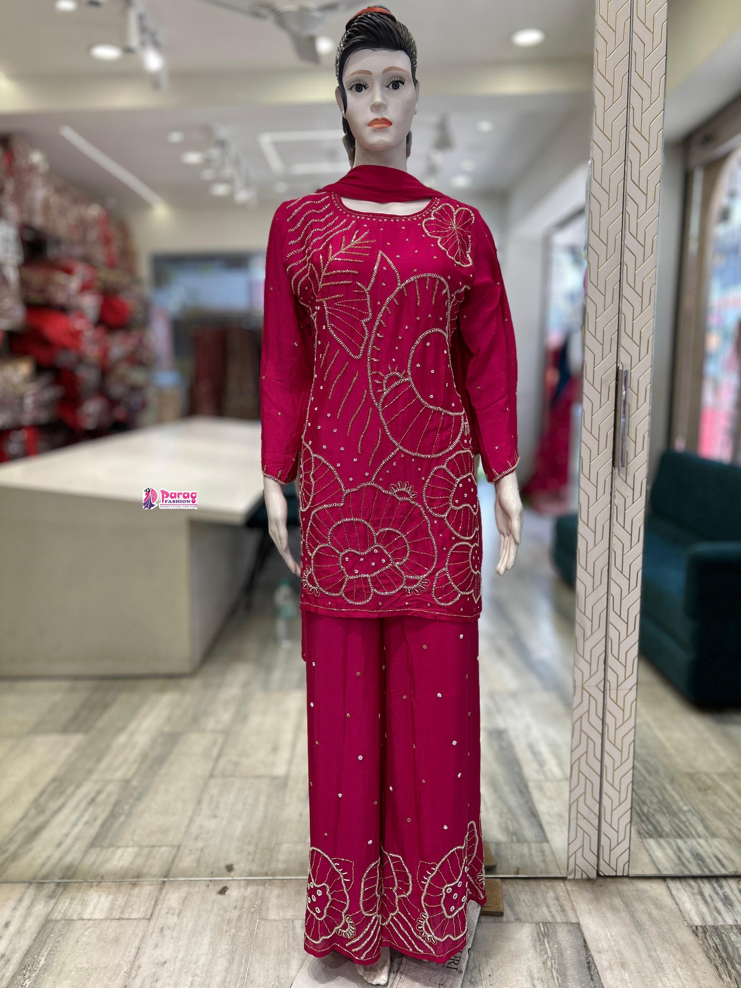 Pink Chinon short Kurti & Plazo Set