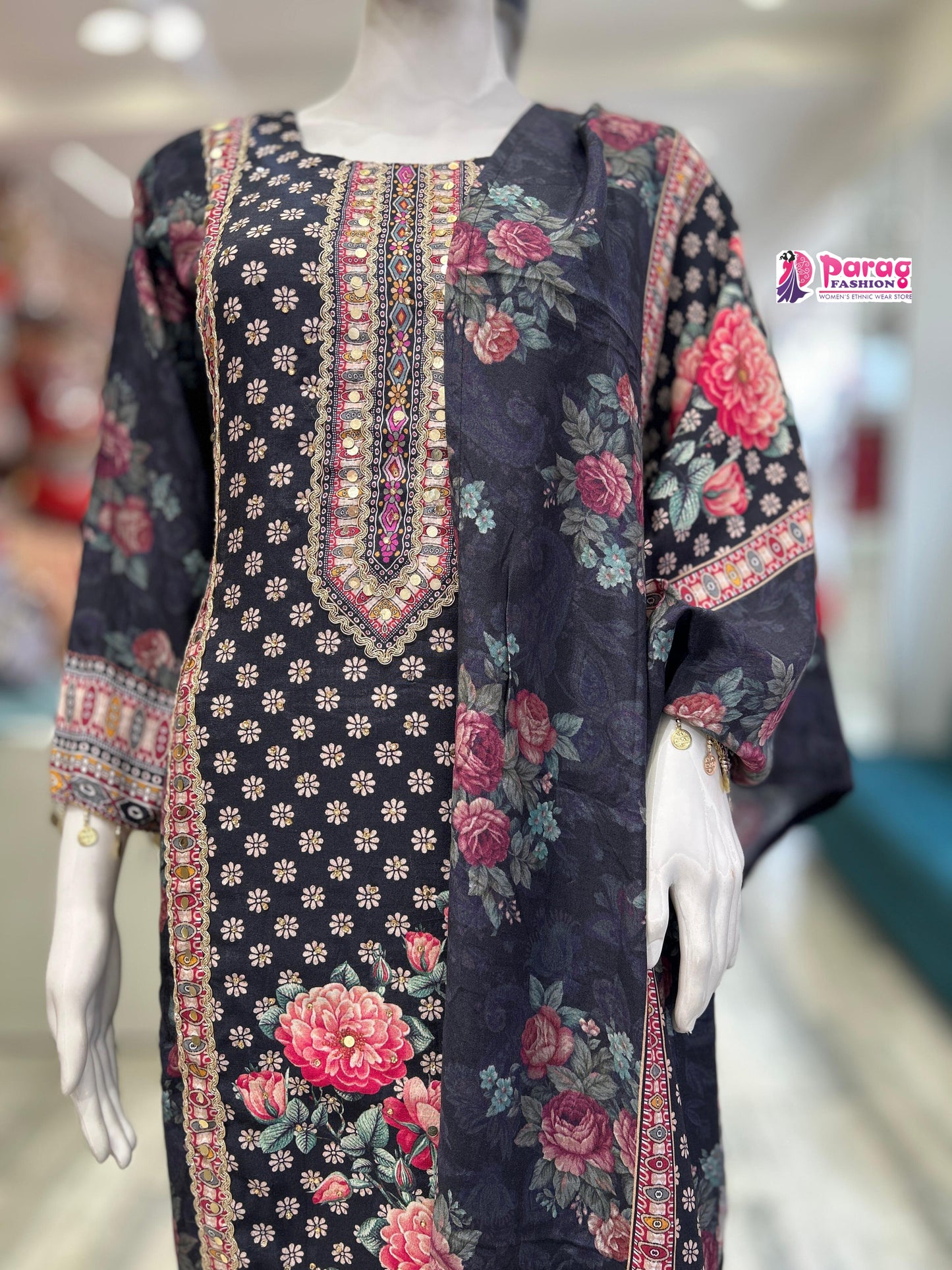 Black Muslin Kurti Suit Set