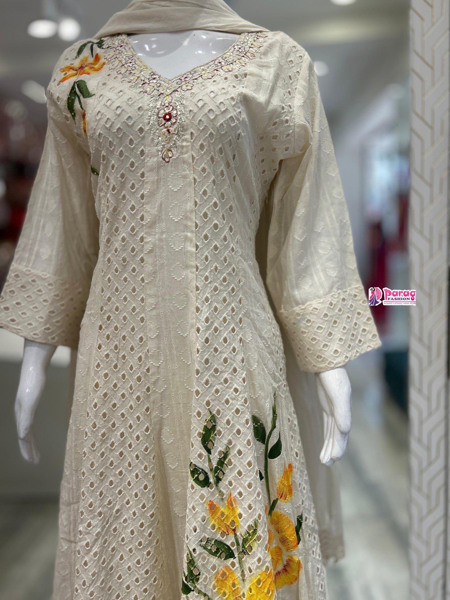 Cream Cotton Anarkali Suit Set