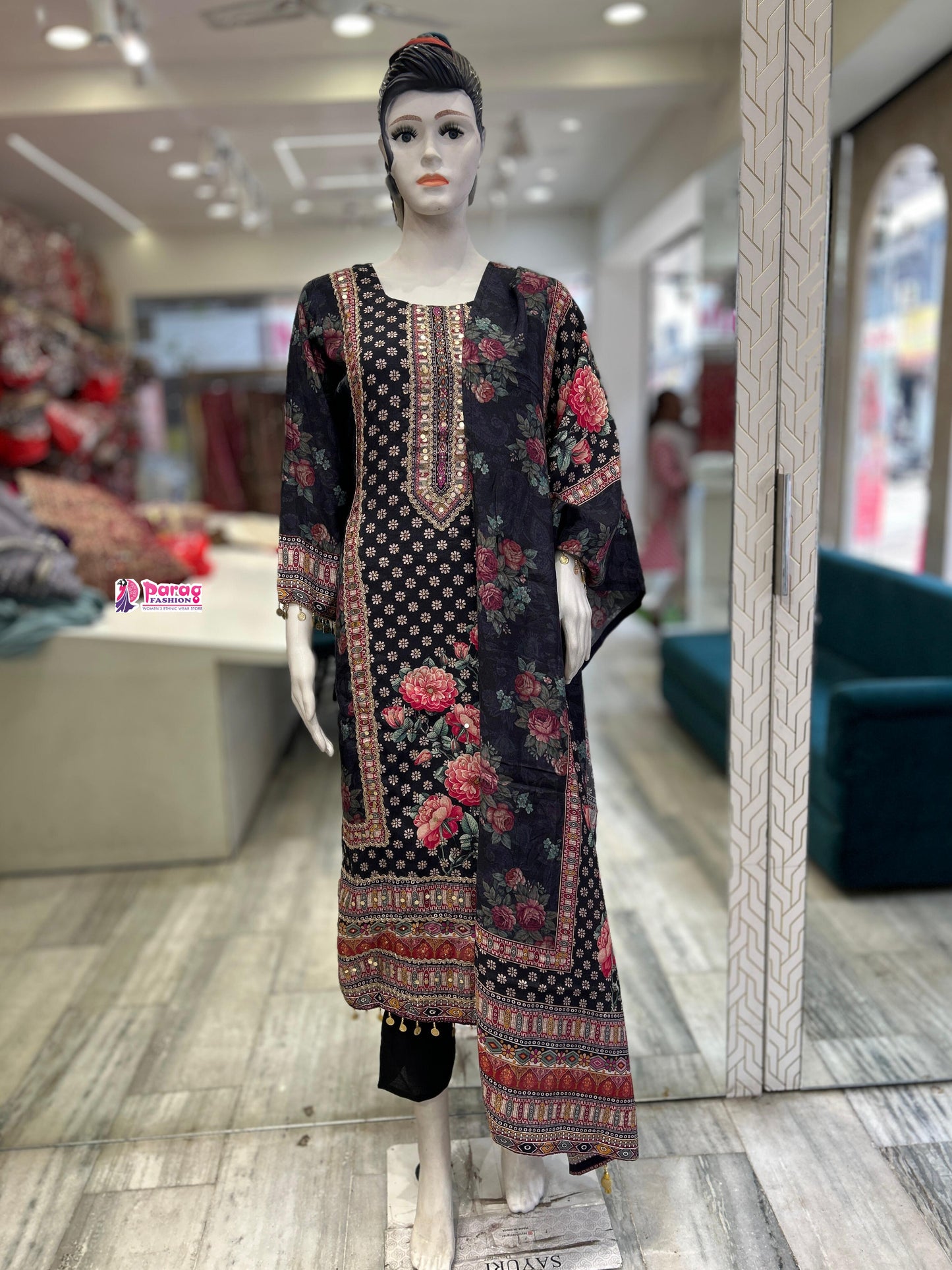 Black Muslin Kurti Suit Set