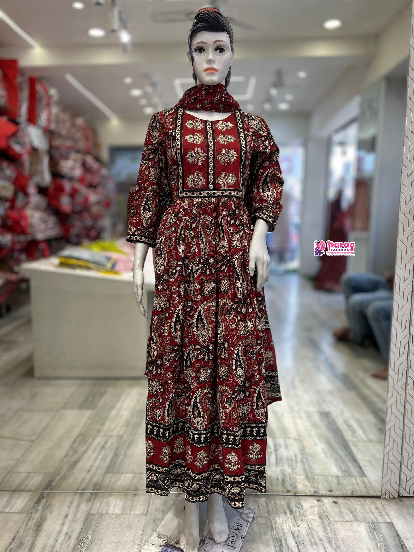 maroon cotton Anarkali suit set