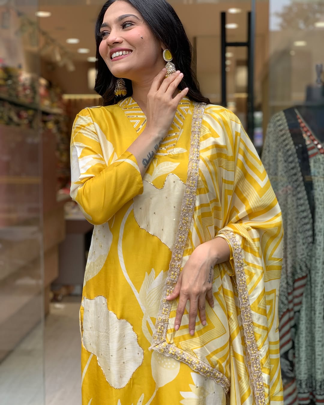Silk fabric v Neck Kurti Suit Set