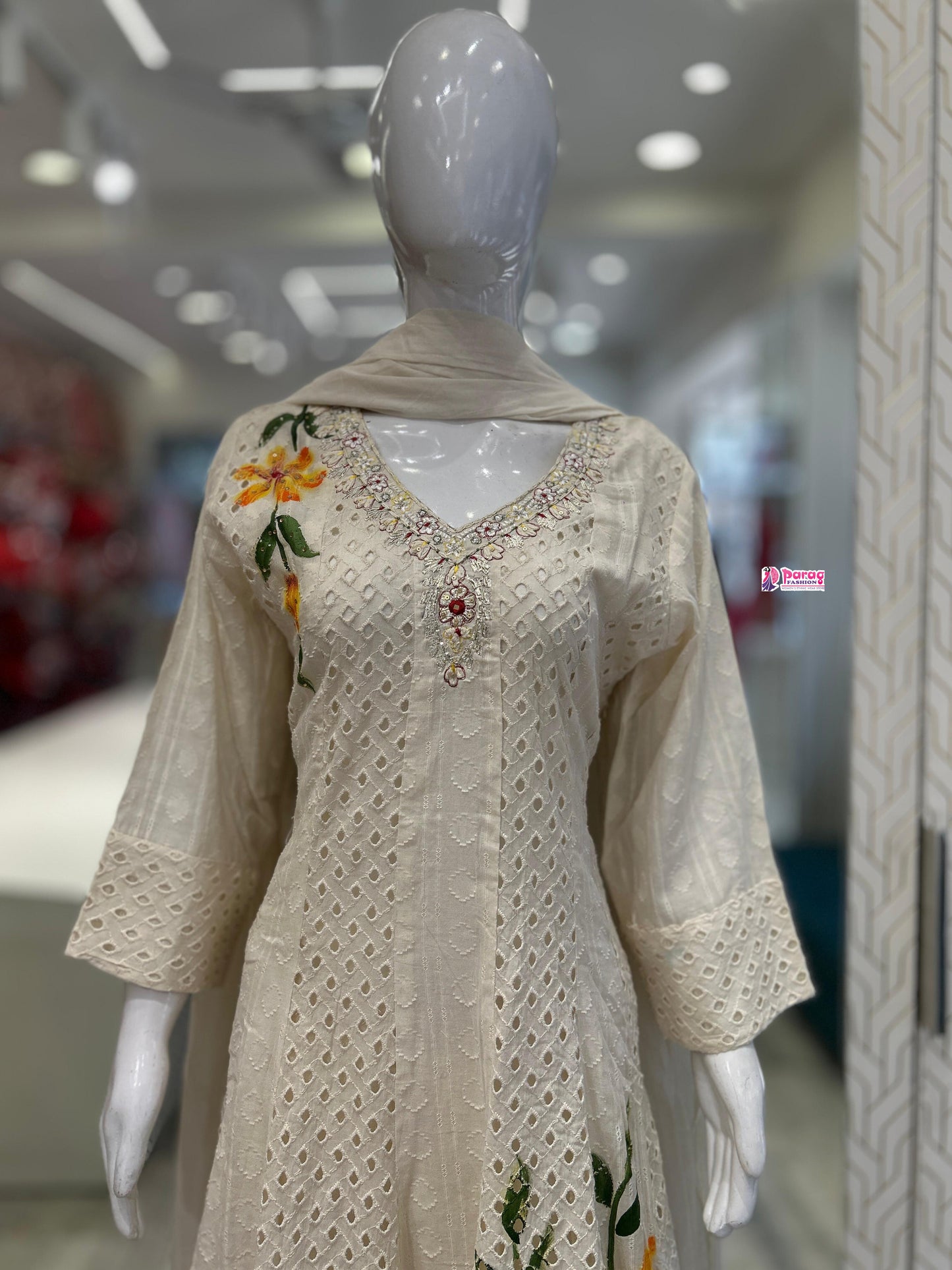 Cream Cotton Anarkali Suit Set
