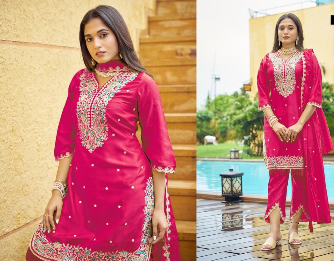 Dola silk Kurti Suit Set featuring intricate tulip Pant