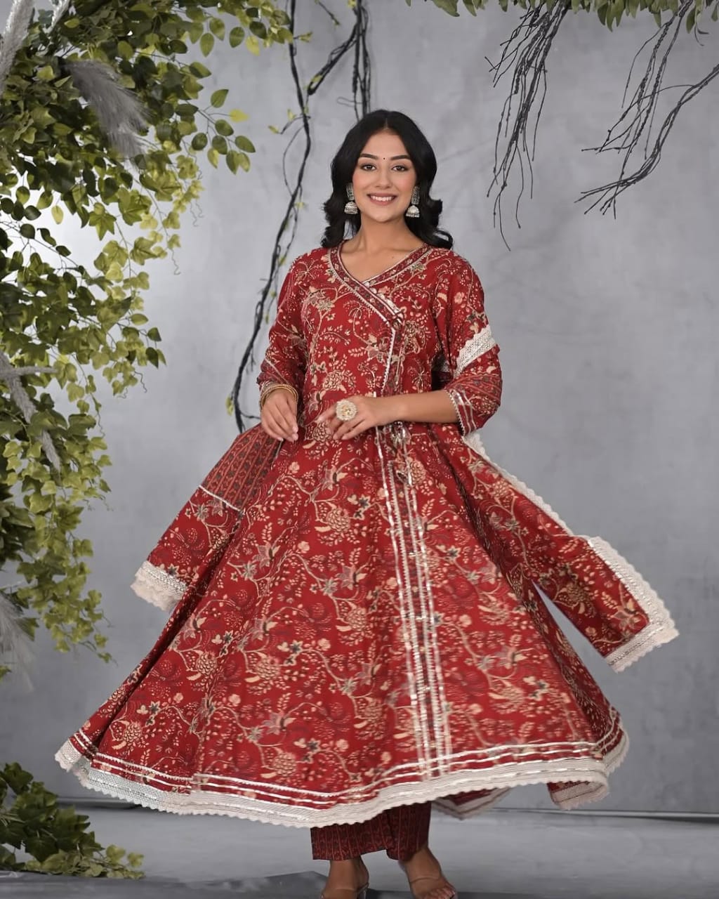 Embrace grace with our Maroon Cotton Anarkali Kurti Suit Set