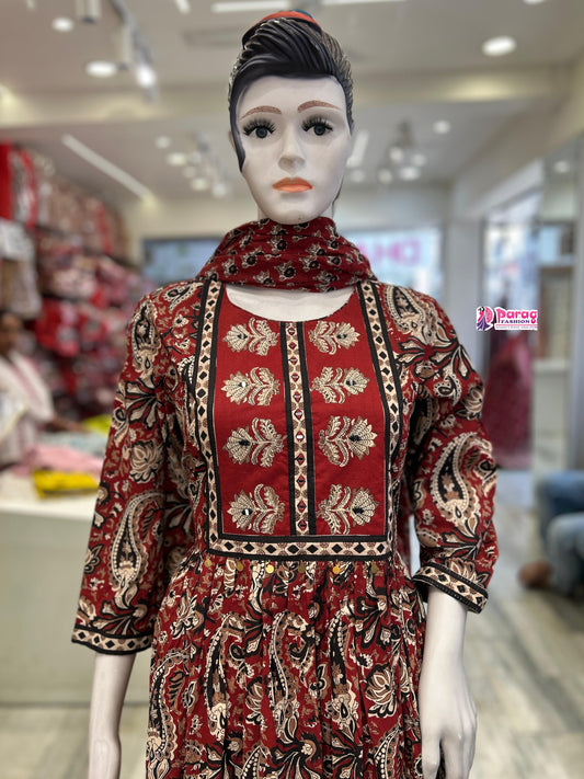 maroon cotton Anarkali suit set