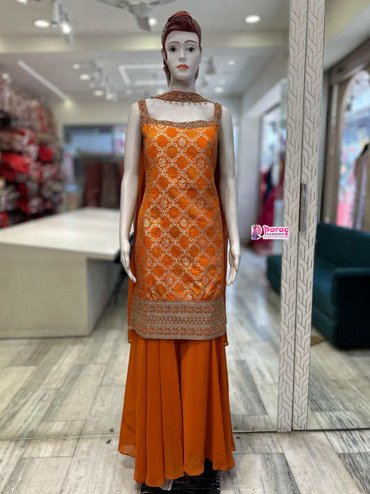orange Banarasi short kurti-plazo set