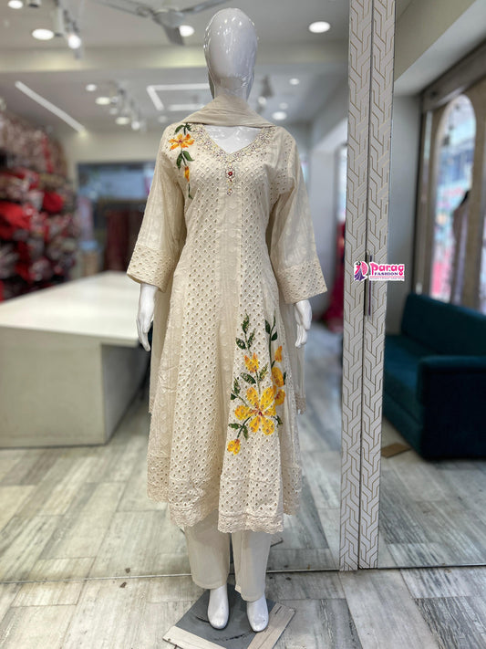 Cream Cotton Anarkali Suit Set