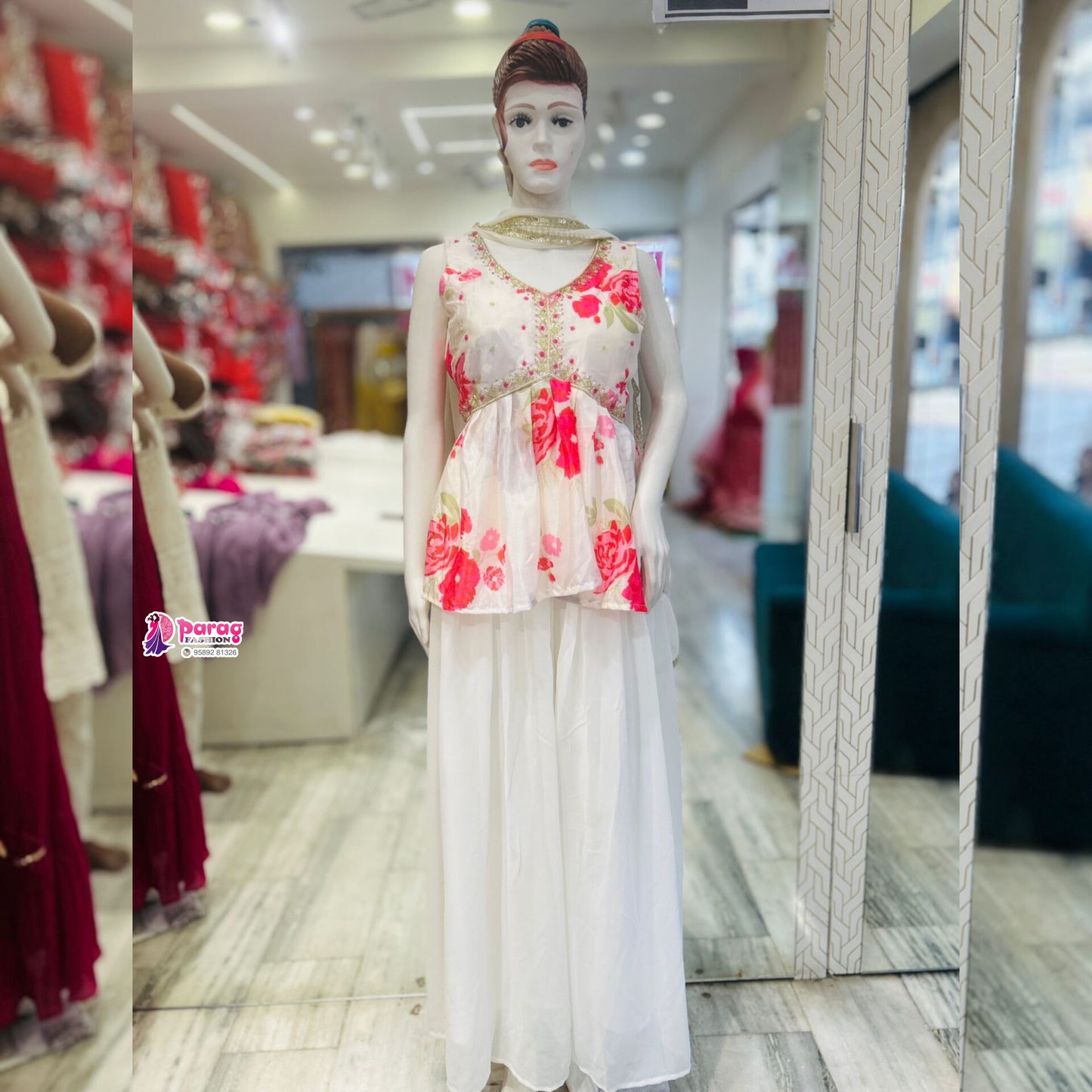 Glow in our white Georgette Kurti Sharara set