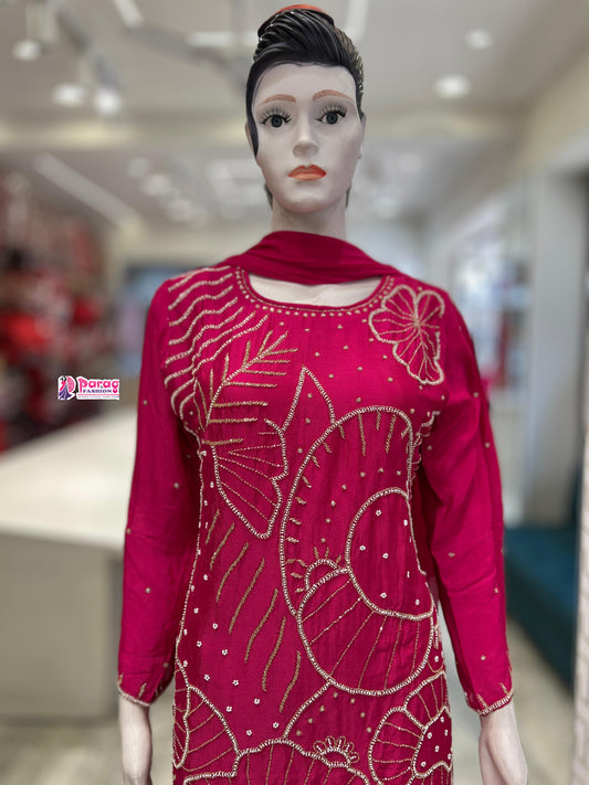 Pink Chinon short Kurti & Plazo Set
