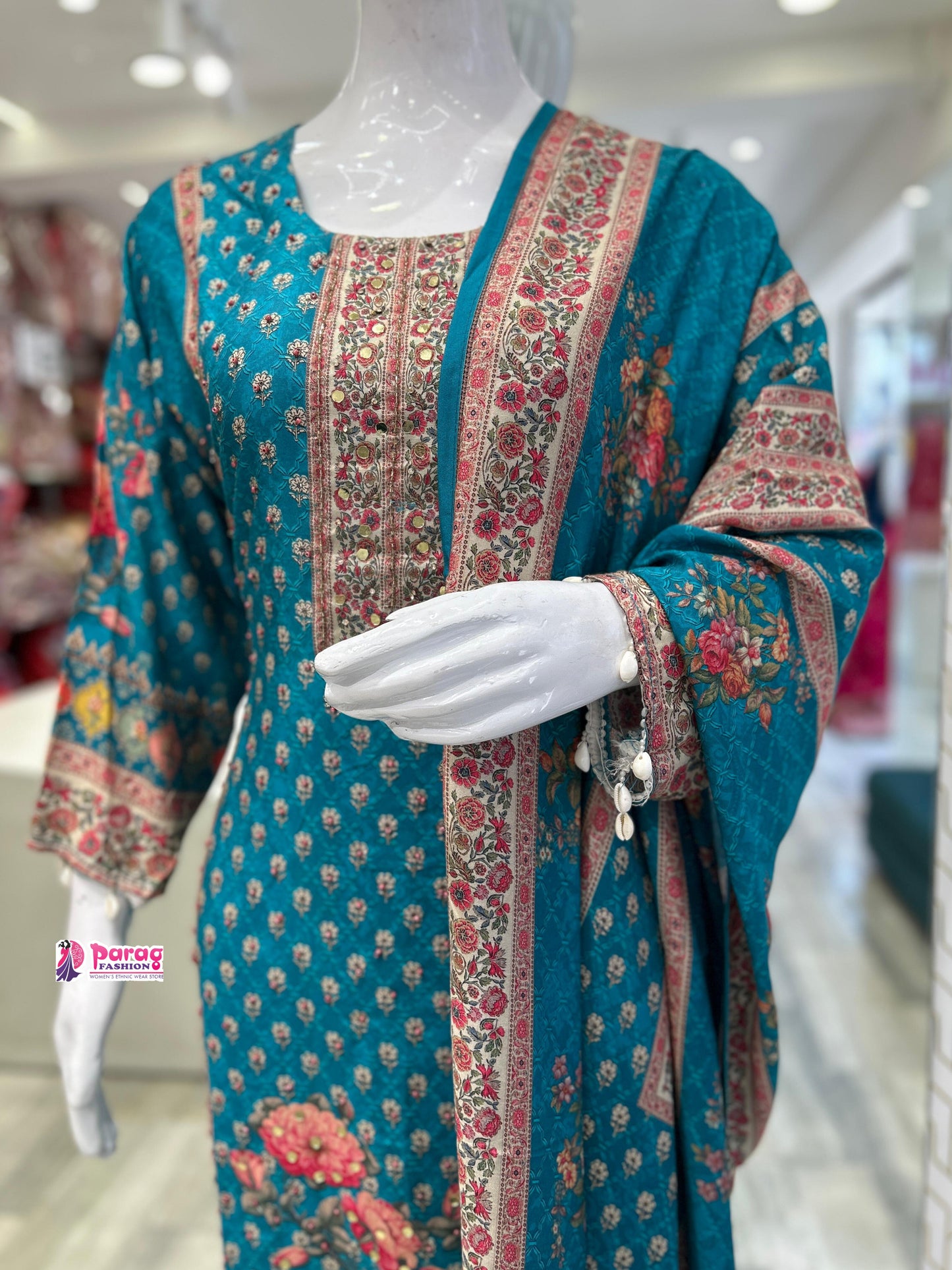This firozi Crape Silk Kurti Set